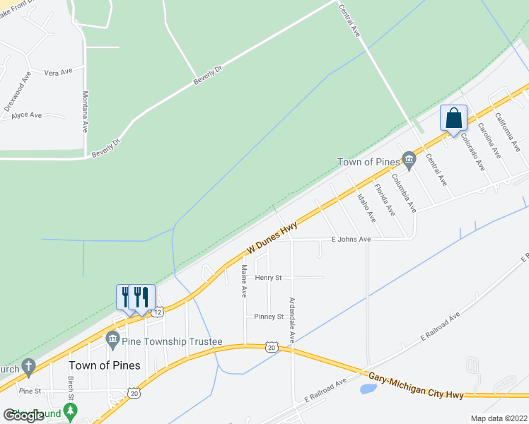 map of restaurants, bars, coffee shops, grocery stores, and more near Calumet Trail in Michigan City