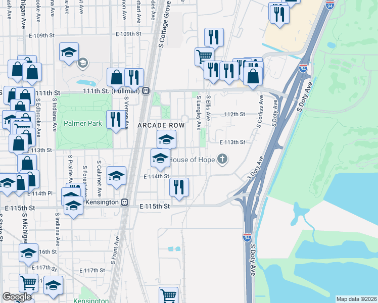 map of restaurants, bars, coffee shops, grocery stores, and more near 11305 S Champlain Ave in Chicago