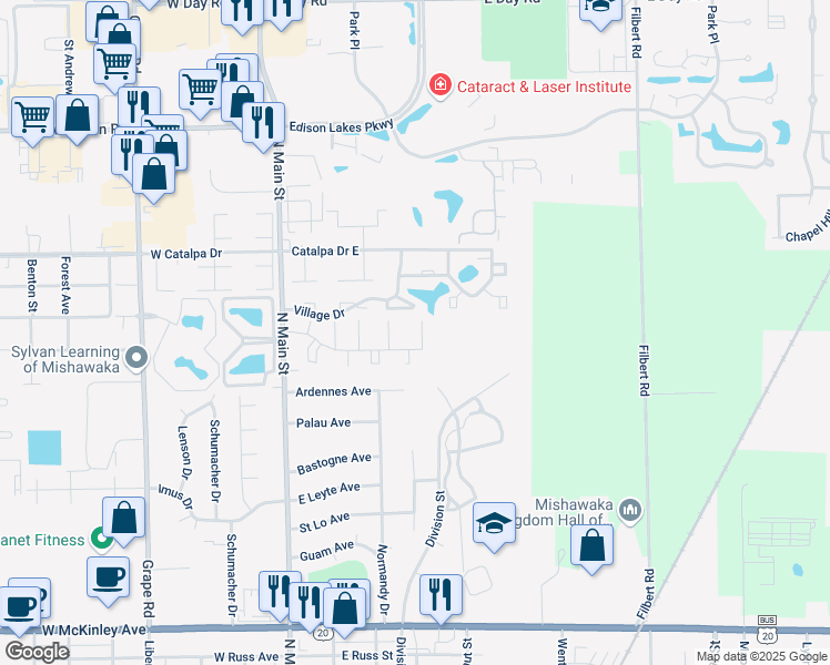 map of restaurants, bars, coffee shops, grocery stores, and more near 3195 Whitfield Court in Mishawaka
