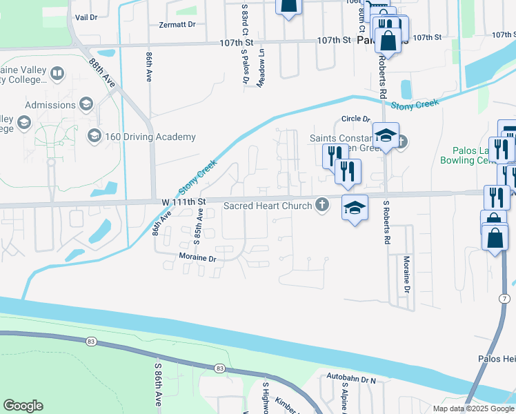 map of restaurants, bars, coffee shops, grocery stores, and more near 8350 West 111th Street in Palos Hills