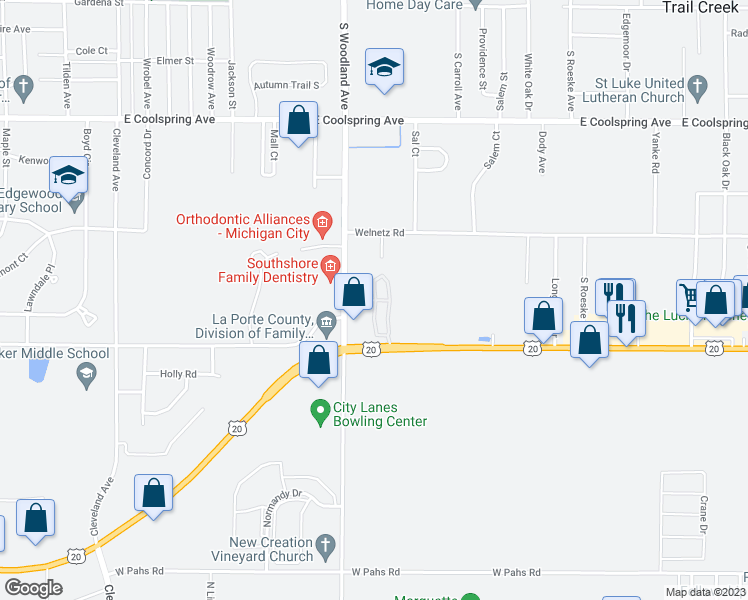 map of restaurants, bars, coffee shops, grocery stores, and more near 299 Woods Edge Drive in Michigan City