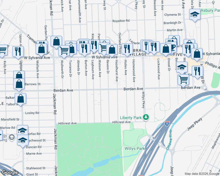 map of restaurants, bars, coffee shops, grocery stores, and more near 3819 Revere Drive in Toledo