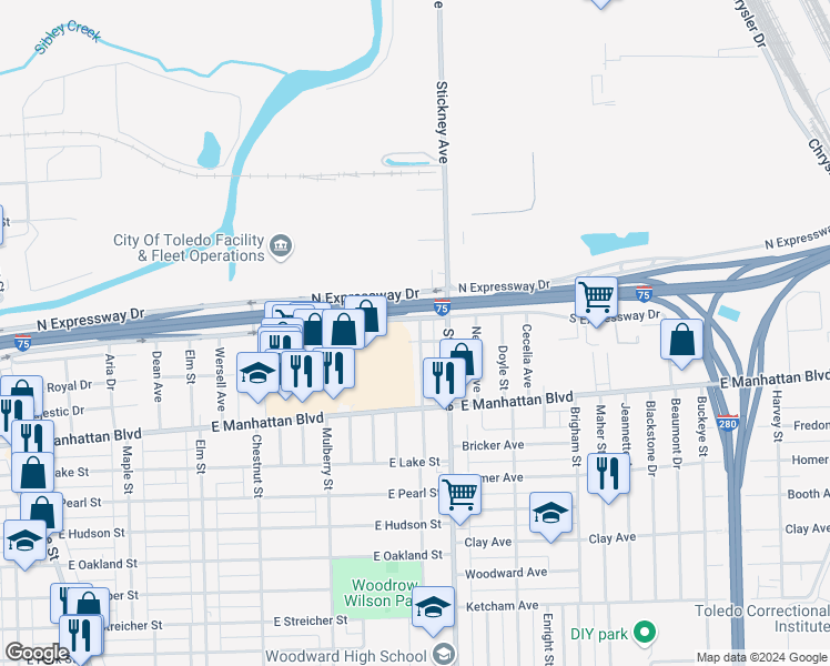 map of restaurants, bars, coffee shops, grocery stores, and more near 3607 Twining Street in Toledo