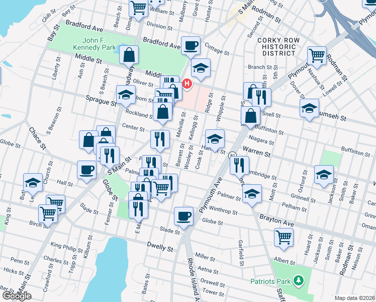 map of restaurants, bars, coffee shops, grocery stores, and more near 81 Hamlet Street in Fall River