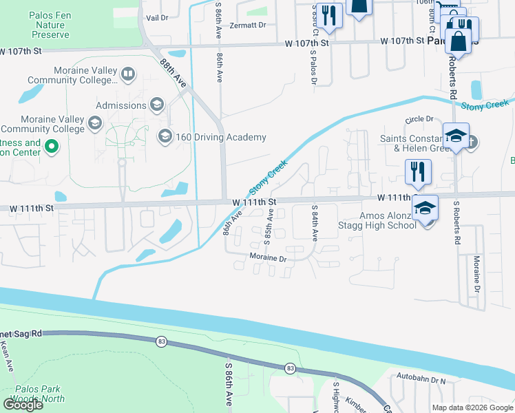 map of restaurants, bars, coffee shops, grocery stores, and more near 8 Cour Versaille in Palos Hills