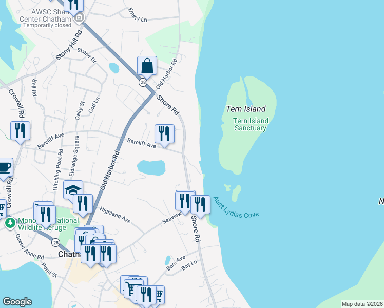 map of restaurants, bars, coffee shops, grocery stores, and more near 469 Shore Road in Chatham