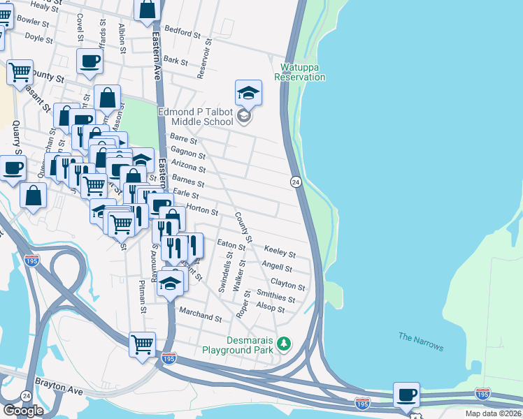 map of restaurants, bars, coffee shops, grocery stores, and more near 352 Barnes Street in Fall River