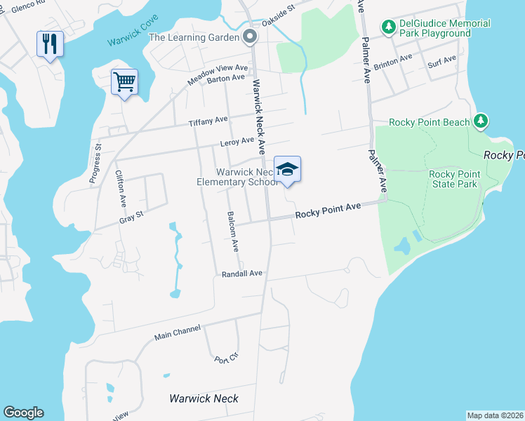 map of restaurants, bars, coffee shops, grocery stores, and more near 541 Warwick Neck Avenue in Warwick