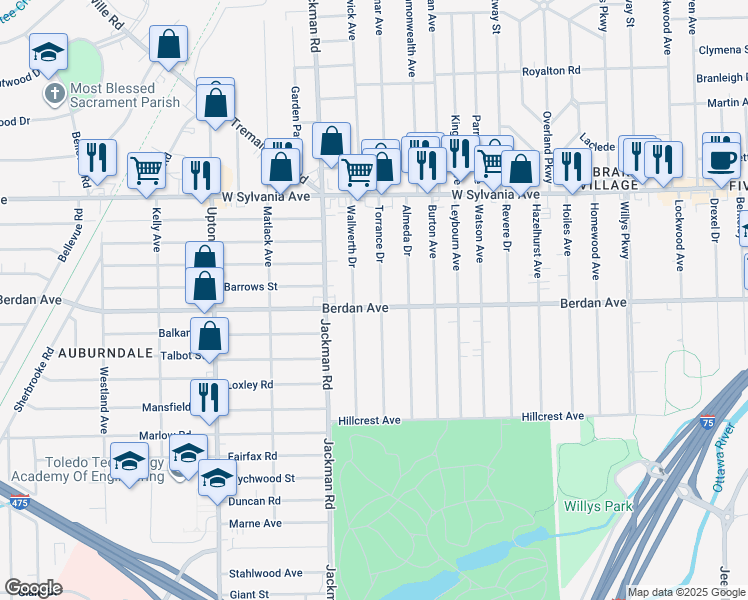 map of restaurants, bars, coffee shops, grocery stores, and more near 3828 Wallwerth Drive in Toledo