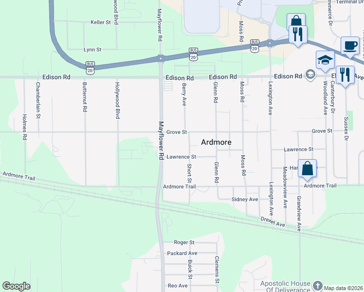 map of restaurants, bars, coffee shops, grocery stores, and more near 23400 Grove Street in South Bend