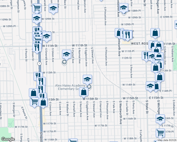 map of restaurants, bars, coffee shops, grocery stores, and more near 11236 South Stewart Avenue in Chicago