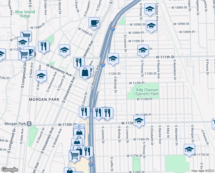 map of restaurants, bars, coffee shops, grocery stores, and more near 1476 West 112th Place in Chicago