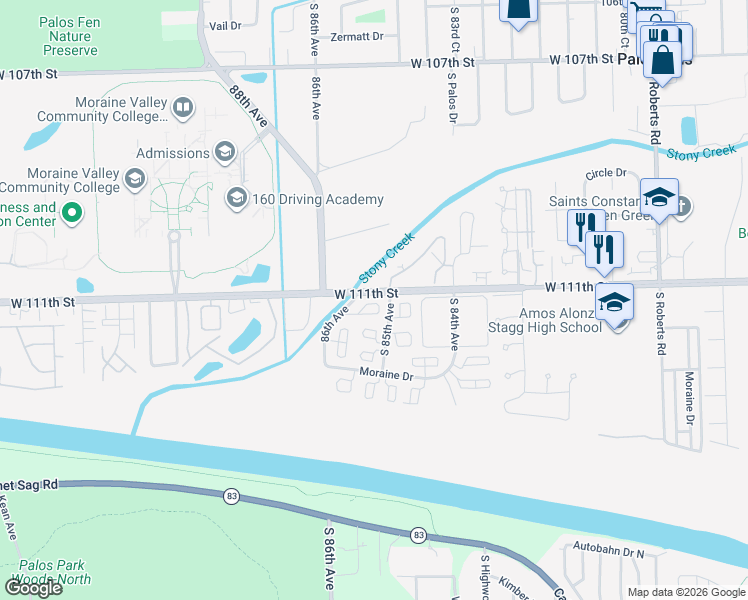 map of restaurants, bars, coffee shops, grocery stores, and more near 8 Cour Versaille in Palos Hills