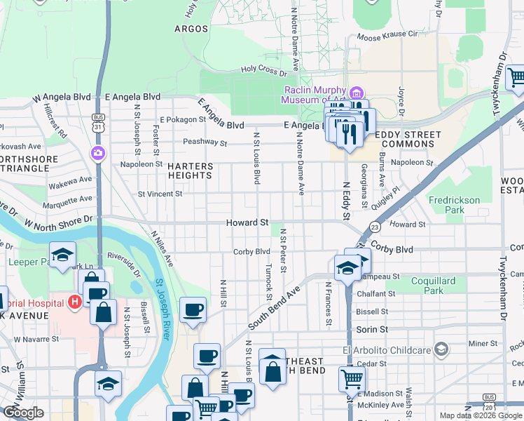map of restaurants, bars, coffee shops, grocery stores, and more near 1051-1099 N St Louis Blvd in South Bend