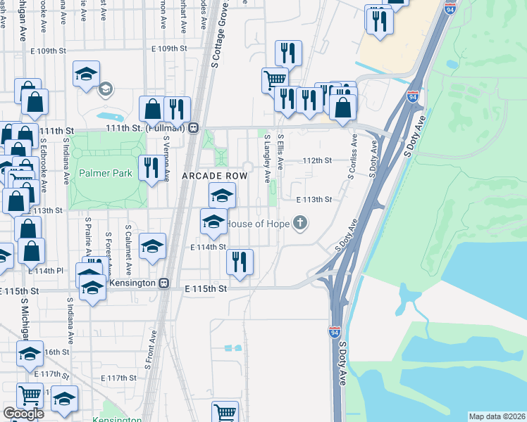 map of restaurants, bars, coffee shops, grocery stores, and more near 11256 South Langley Avenue in Chicago