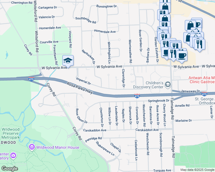 map of restaurants, bars, coffee shops, grocery stores, and more near 4676 Imperial Drive in Toledo