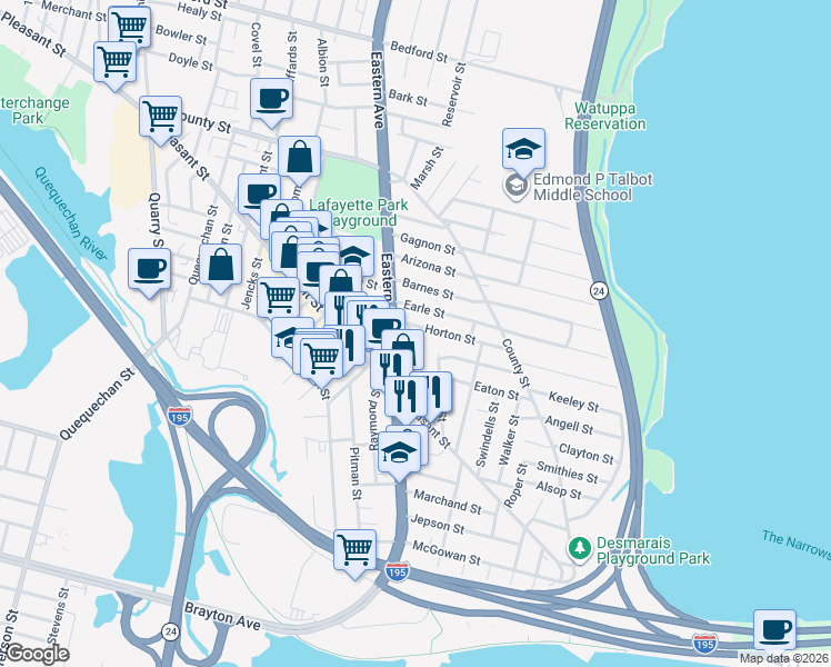 map of restaurants, bars, coffee shops, grocery stores, and more near 18 Bogle Street in Fall River