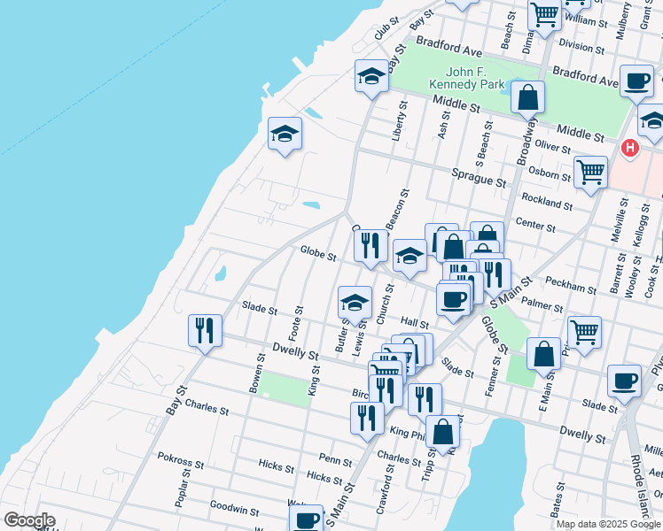 map of restaurants, bars, coffee shops, grocery stores, and more near 132 Globe Street in Fall River