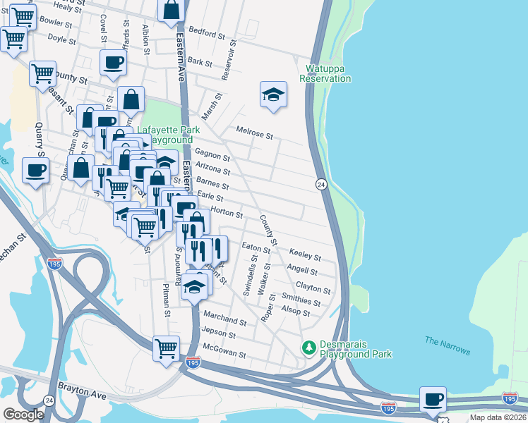 map of restaurants, bars, coffee shops, grocery stores, and more near 271 Barnes Street in Fall River