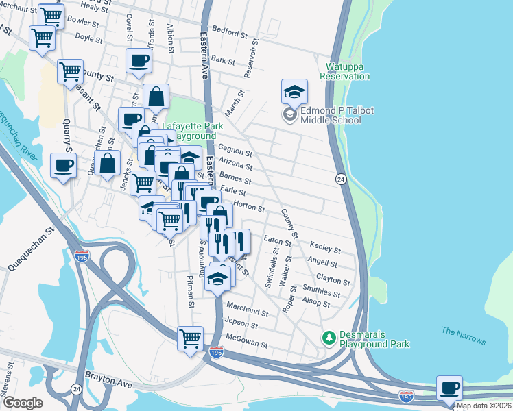 map of restaurants, bars, coffee shops, grocery stores, and more near in Fall River