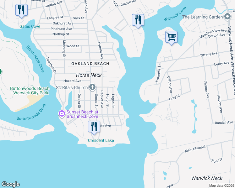 map of restaurants, bars, coffee shops, grocery stores, and more near 10 Logan Street in Warwick
