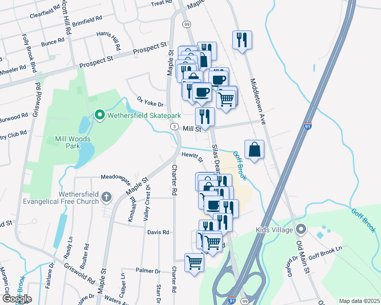 map of restaurants, bars, coffee shops, grocery stores, and more near 1155 Silas Deane Highway in Wethersfield