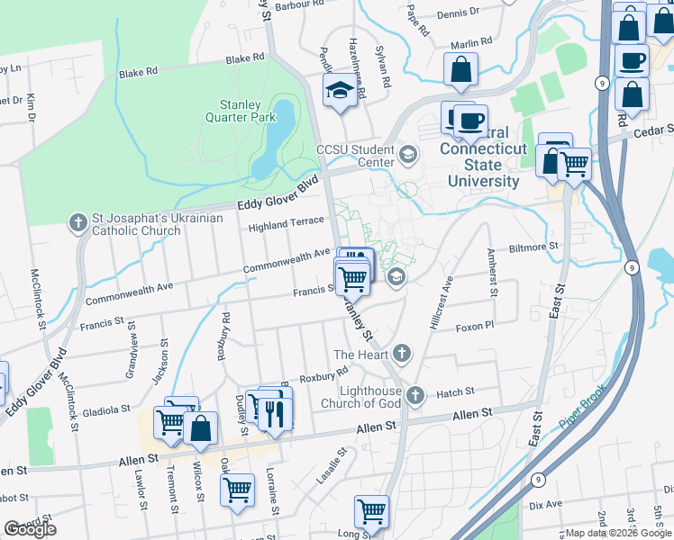 map of restaurants, bars, coffee shops, grocery stores, and more near in New Britain