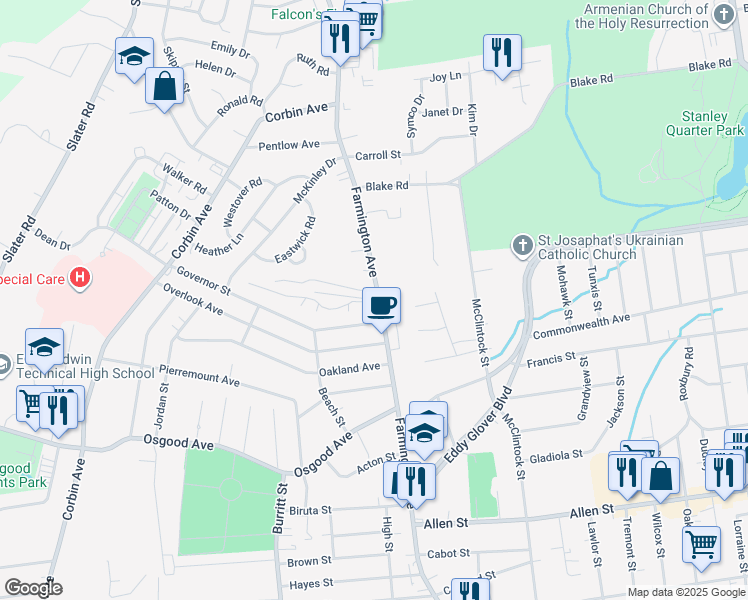 map of restaurants, bars, coffee shops, grocery stores, and more near 433 Farmington Avenue in New Britain