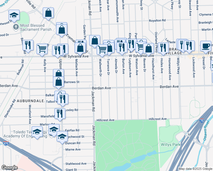 map of restaurants, bars, coffee shops, grocery stores, and more near 3828 Wallwerth Drive in Toledo