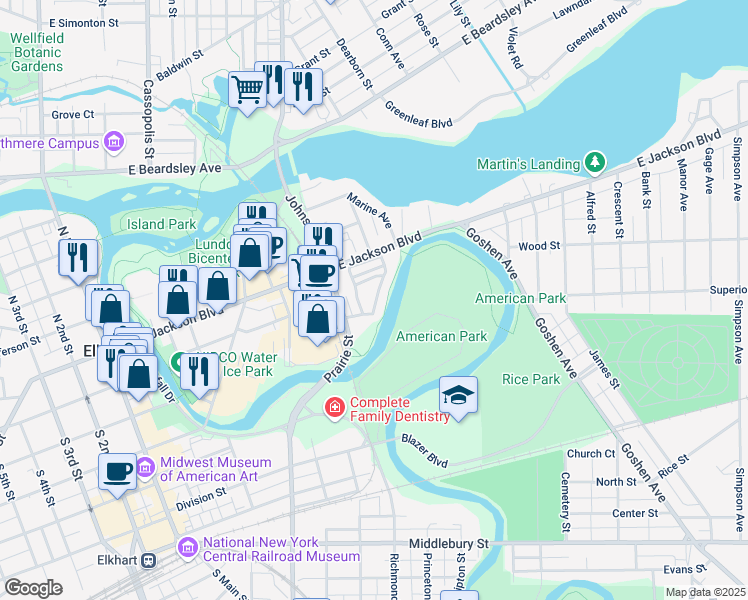 map of restaurants, bars, coffee shops, grocery stores, and more near 701 Kensington Court in Elkhart