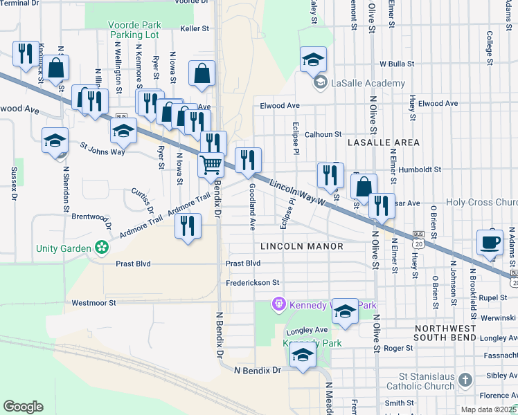 map of restaurants, bars, coffee shops, grocery stores, and more near 18 1100 Blk Elliot in South Bend