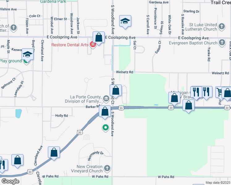 map of restaurants, bars, coffee shops, grocery stores, and more near 318 Woods Edge Drive in Michigan City