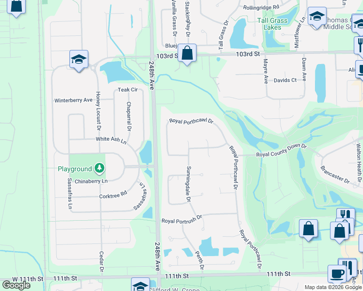 map of restaurants, bars, coffee shops, grocery stores, and more near 10557 Muirfield Drive in Naperville