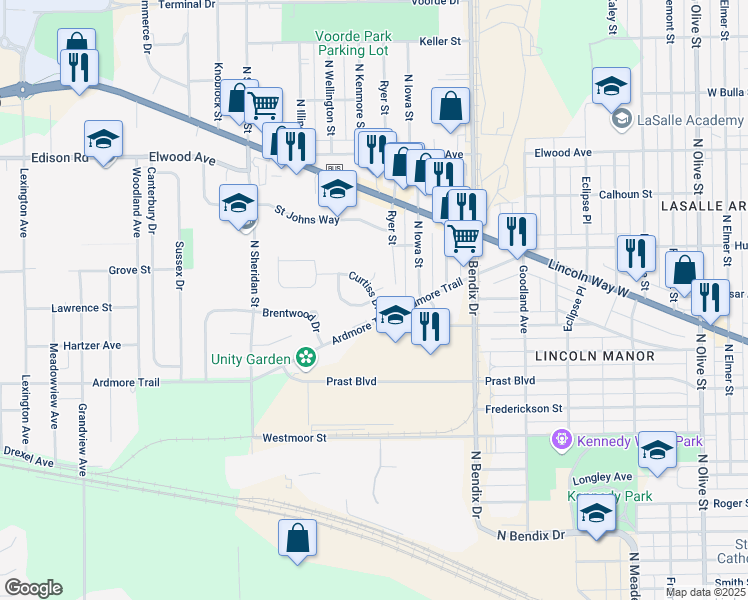 map of restaurants, bars, coffee shops, grocery stores, and more near 3400 Putnam Place in South Bend