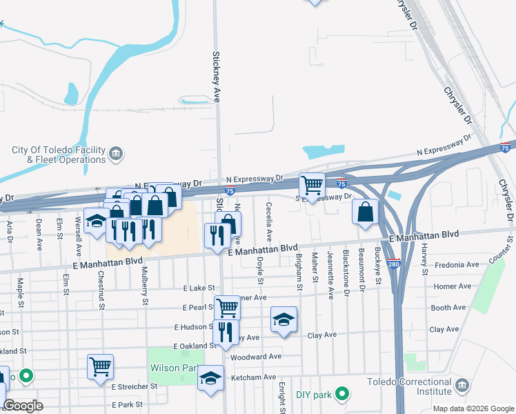 map of restaurants, bars, coffee shops, grocery stores, and more near 3618 Doyle Street in Toledo