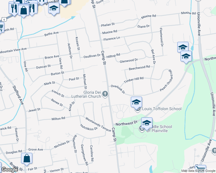 map of restaurants, bars, coffee shops, grocery stores, and more near 2 Overlook Dr in Plainville