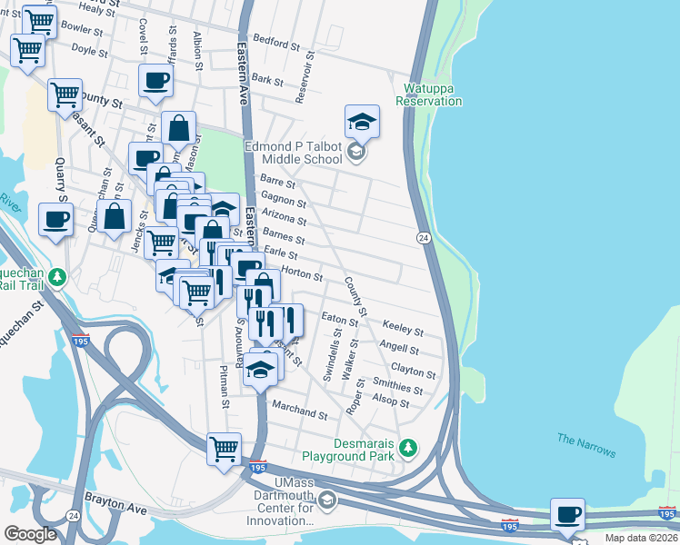 map of restaurants, bars, coffee shops, grocery stores, and more near in Fall River