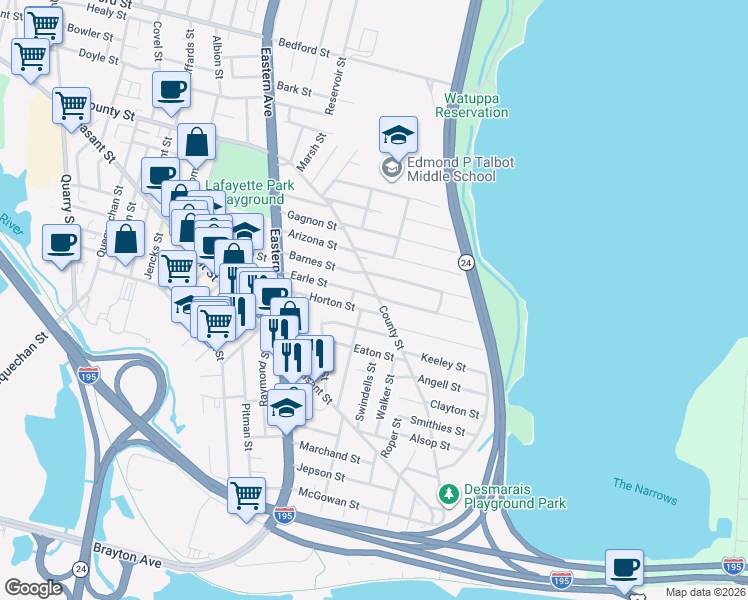 map of restaurants, bars, coffee shops, grocery stores, and more near in Fall River