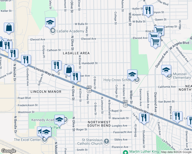 map of restaurants, bars, coffee shops, grocery stores, and more near 1110 O Brien Street in South Bend
