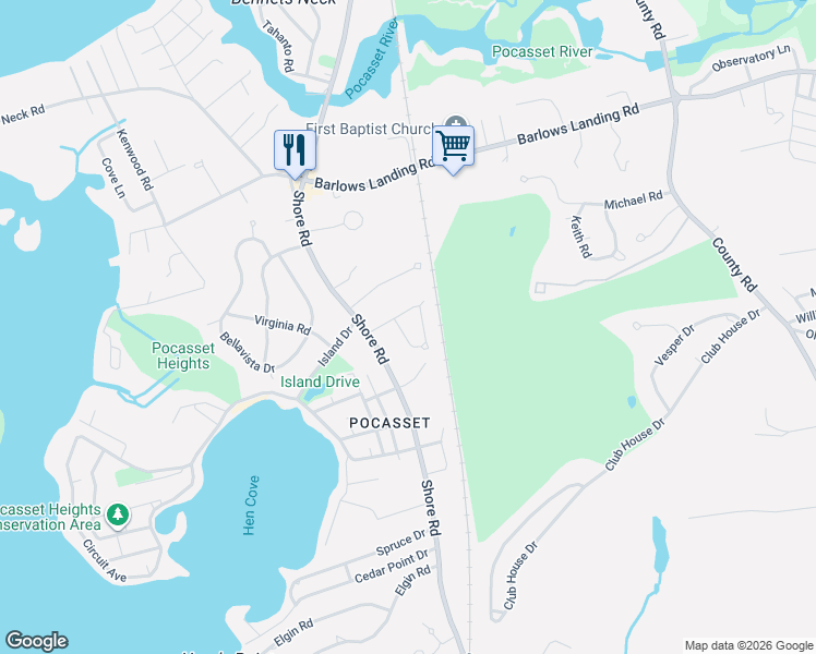 map of restaurants, bars, coffee shops, grocery stores, and more near 10 Wing Road in Bourne