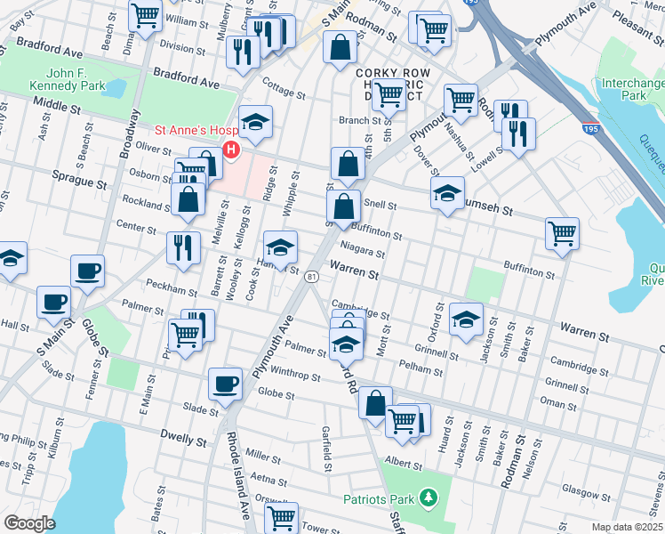 map of restaurants, bars, coffee shops, grocery stores, and more near 23 Warren Street in Fall River