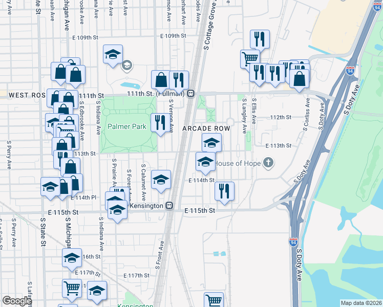 map of restaurants, bars, coffee shops, grocery stores, and more near 11301 South Cottage Grove Avenue in Chicago