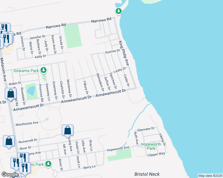 map of restaurants, bars, coffee shops, grocery stores, and more near 11 Opechee Drive in Bristol
