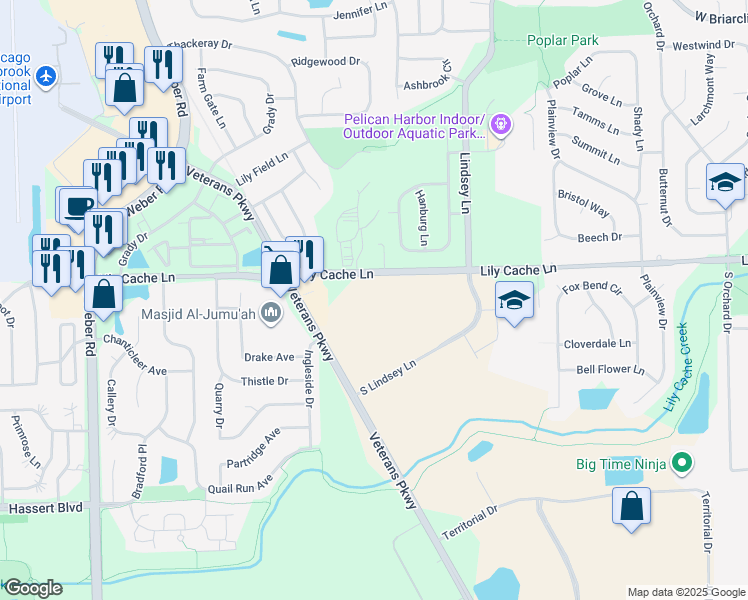 map of restaurants, bars, coffee shops, grocery stores, and more near 1049 Lily Cache Lane in Bolingbrook