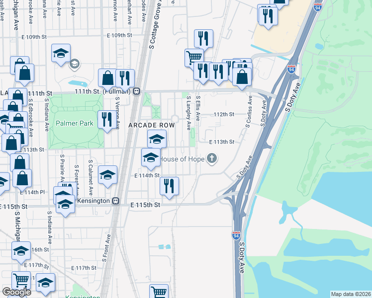 map of restaurants, bars, coffee shops, grocery stores, and more near 11256 South Langley Avenue in Chicago