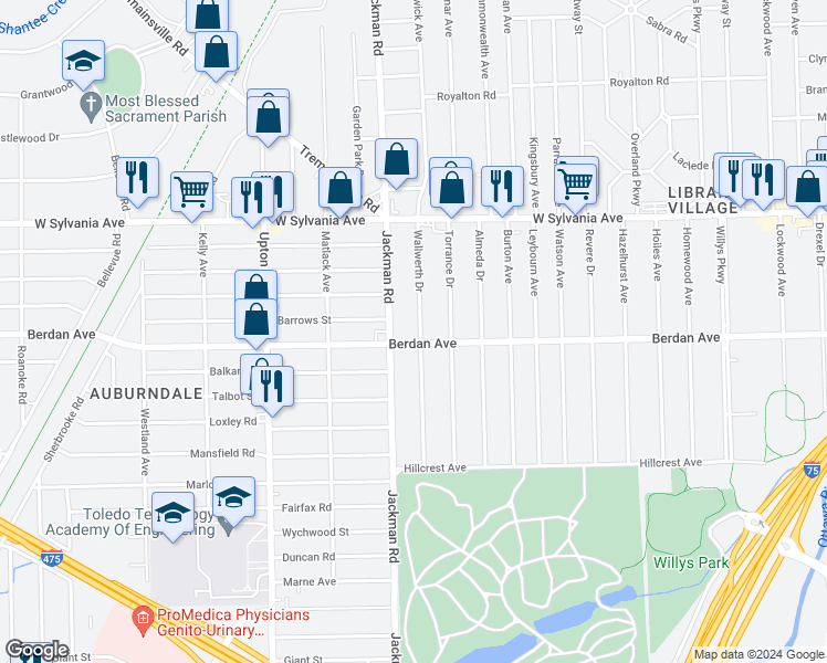 map of restaurants, bars, coffee shops, grocery stores, and more near 3811 Wallwerth Drive in Toledo