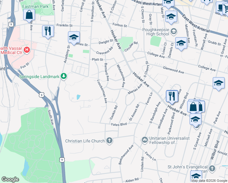 map of restaurants, bars, coffee shops, grocery stores, and more near 45 Barnard Avenue in Poughkeepsie