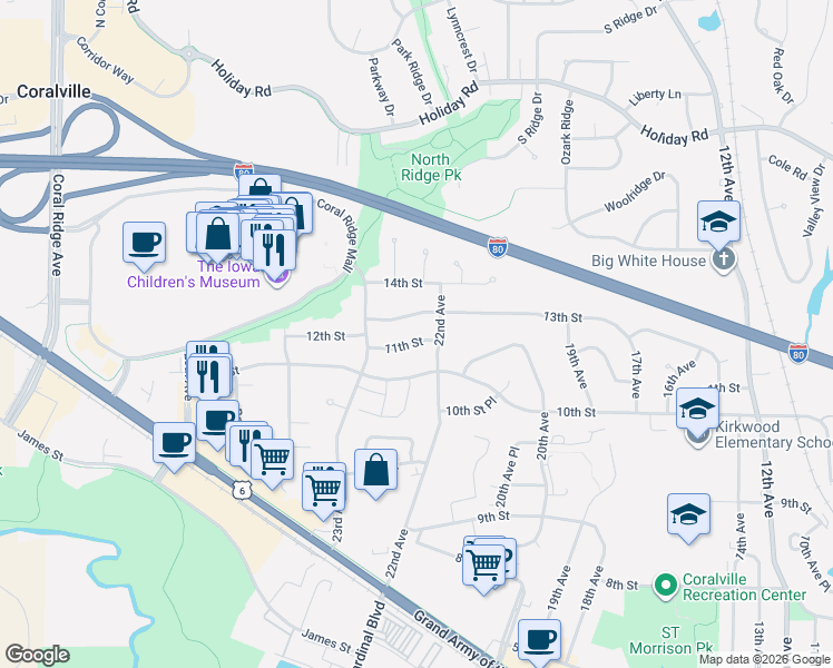 map of restaurants, bars, coffee shops, grocery stores, and more near 2216 13th Street in Coralville