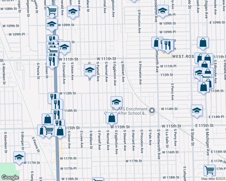 map of restaurants, bars, coffee shops, grocery stores, and more near 11237 South Normal Avenue in Chicago