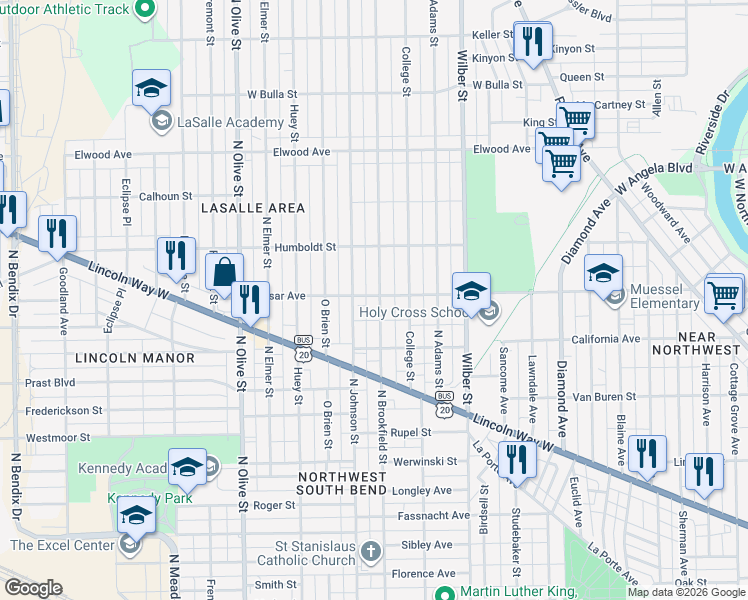 map of restaurants, bars, coffee shops, grocery stores, and more near 1110 North Johnson Street in South Bend